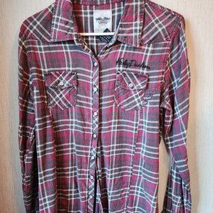 Harley Davidson Women's Acid Washed Long Sleeve Plaid Shirt Sz L